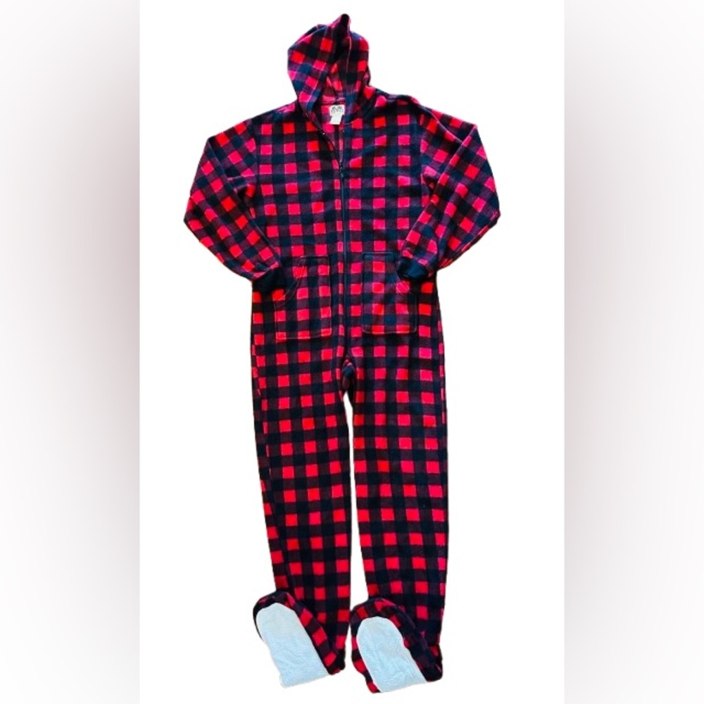 Big Feet Pajama Company Red Black Plaid Hooded Onesie Youth Large Holiday 14/16